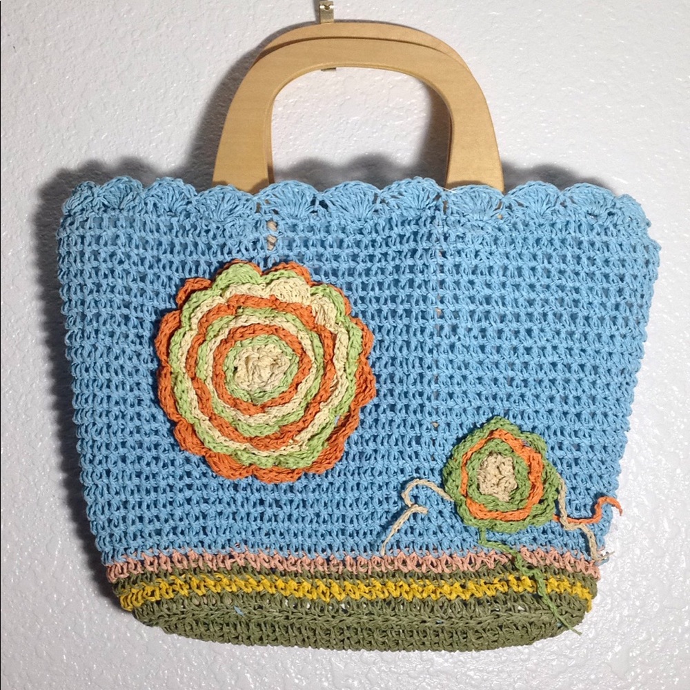 FINAL MARKDOWN Ladies' Lined Crocheted Plastic & Wood tote bag